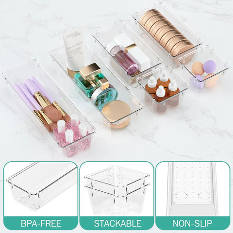 Slick Clear Drawer Organizer Set Of Six With Premium Transparent Acrylic Bins For Bathroom Desk Junk Drawer And Vanity Countertops Helps Your Daily Gear Stay Sorted Like A Champ
