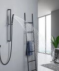 Modern bathroom with Matte Black Brass Shower Slide Bar Kit With Handheld Shower Head, 59 Inch Hose, wall mounted on grey wall.