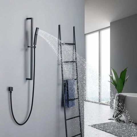 Modern bathroom with Matte Black Brass Shower Slide Bar Kit With Handheld Shower Head, 59 Inch Hose, wall mounted on grey wall.