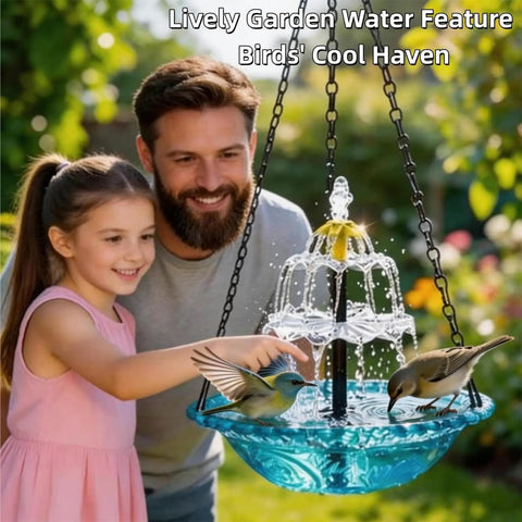 Father and daughter with solar powered hanging bird bath fountain in blue, attracting birds in a garden