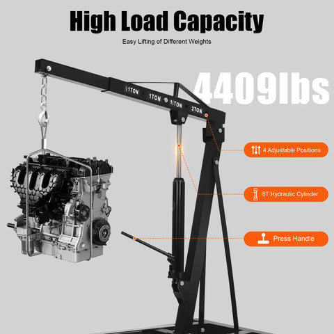 Heavy Duty Hydraulic Engine Hoist With Smooth Riding Six Caster Wheels Making Car Repairs Sweet And No Hassle Fold Flat Tight For Garage Shelves Roll Right Through Shops Kick Up Your Tool Game, showing high lift capacity and adjustable heights.