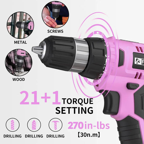 Pink Go To Cordless Drill Kit With 20V Battery And Charger 30 Nm Torque 21 Plus 1 Clutch Three Eighths Inch Keyless Chuck