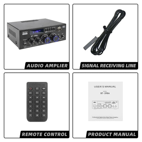 Components of BT398A Stereo Amplifier Receiver With Bluetooth USB SD FM Radio Optical And Coaxial Inputs 900W Peak Power