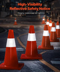 Six Pack 28 Inch Orange Traffic Cones With Reflective Collar at night on road showcasing high visibility and durability