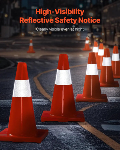 Six Pack 28 Inch Orange Traffic Cones With Reflective Collar at night on road showcasing high visibility and durability