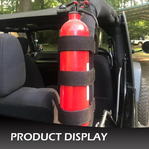 Roll Bar Fire Extinguisher Mount For Jeep Wrangler Models With Adjustable Trunk Strap And Water Bottle Holder installed in vehicle