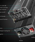 Diagram of 1500W Pure Sine Wave Inverter 12V DC To 110V AC Power Converter with labeled ports and fan