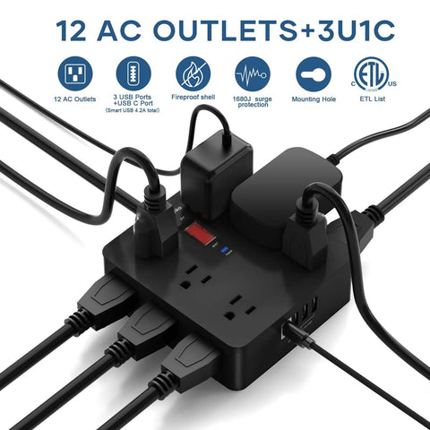 Go-To Universal Travel Power Adapter with 12 wide-spaced outlets, 2 USB C & USB A ports, and surge protector connected to devices.