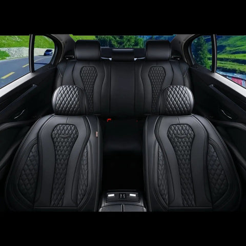 Interior view of car with Dope Leather Car Seat Covers Full Set For Front And Back Seats, Black Waterproof Seat Protector design.