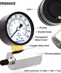 Front view Meanlin 2-inch steel air pressure gauge with chrome body, glass cover, dual BAR/PSI scales, 3/4-inch FNPT