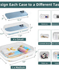 Clear Hard Shell Zipper Cases Set Of Three 2 Small And 1 Medium Durable PET Plastic Pencil Case And Diaper Bag Organizer For Storage Travel And Spill Protection See Through Pouches shown with various items inside.