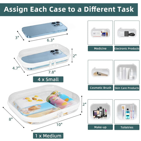 Clear Hard Shell Zipper Cases Set Of Three 2 Small And 1 Medium Durable PET Plastic Pencil Case And Diaper Bag Organizer For Storage Travel And Spill Protection See Through Pouches shown with various items inside.