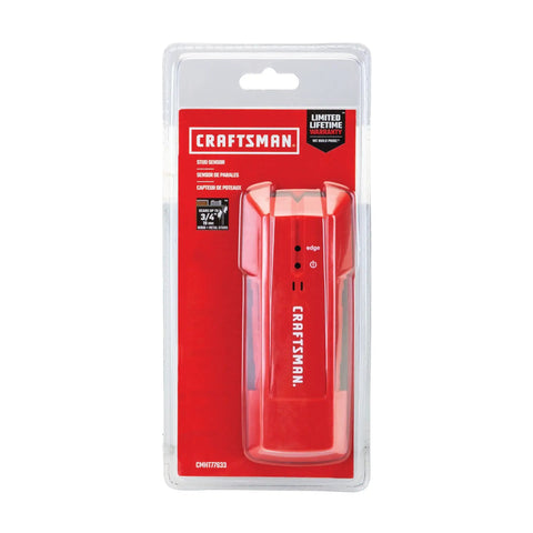 Three Quarters Inch Depth Stud Finder For Wood And Metal Studs in packaging, red color, shock and water-resistant body shown