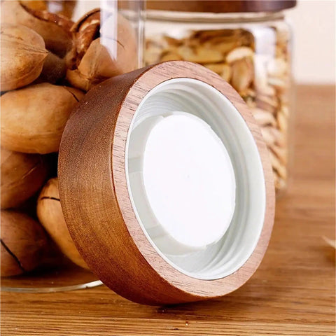 Close-up of acacia wood lid for Slick High Borosilicate Glass Storage Jars With Acacia Wood Lids Gonna Keep Your Kitchen Fresh.