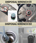 Universal Garbage Disposal Unjamming Wrench WRN00 illustrating use with Waste King, Moen, and SinkErator disposals in kitchen sinks.