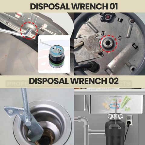 Universal Garbage Disposal Unjamming Wrench WRN00 illustrating use with Waste King, Moen, and SinkErator disposals in kitchen sinks.