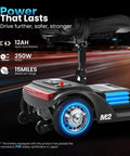 Mobility scooter M2 black side view with blue LED-lit wheels and adjustable tiller