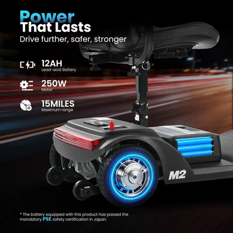 Mobility scooter M2 black side view with blue LED-lit wheels and adjustable tiller
