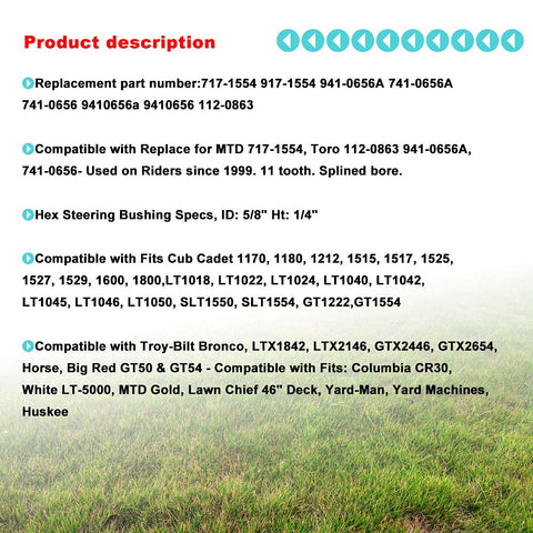 Product description for Two Pack Steering Shaft Pinion Gear And Bushing Kit For MTD 717-1554 with specs and compatibility.