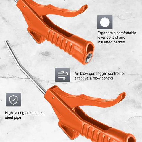 Heavy Duty 2 Pack Air Blow Gun Set With Ergonomic Pistol Grip And Solid Iron Barrel Reliable Compressor Nozzle For Daily Grind Cleanups Dust Blasting And Mechanic Detailing In Bright Orange showing ergonomic handle and stainless steel pipe.