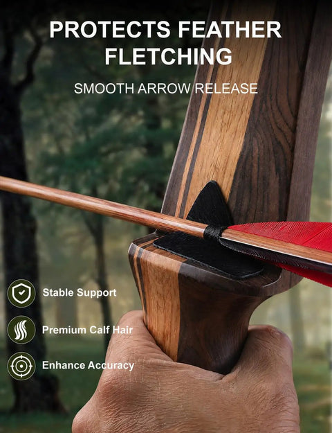 Close-up of hand holding traditional bow with five pairs traditional recurve bow hair arrow rests pre cut leather shelf pads