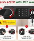 Digital keypad and backup key of the Beefy 3.4 Cu Ft Water And Fireproof Home Safe with quick access instructions.