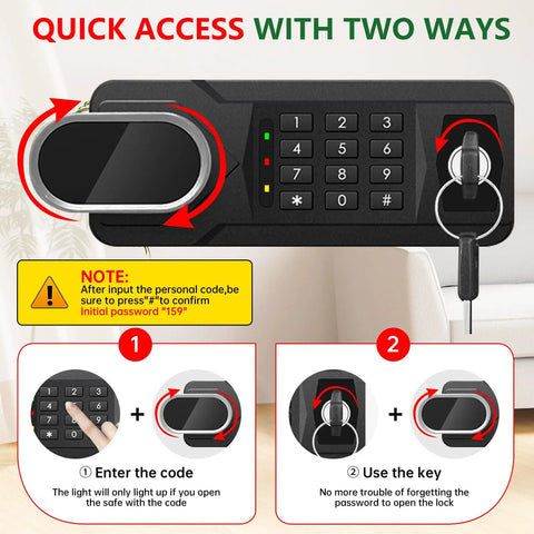 Digital keypad and backup key of the Beefy 3.4 Cu Ft Water And Fireproof Home Safe with quick access instructions.