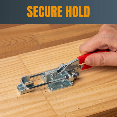 Two Pack Heavy Duty Toggle Clamps, 700 Lb Holding Capacity, Self Lock U Bolt With Anti Slip Handle, Adjustable Latch in use on wood