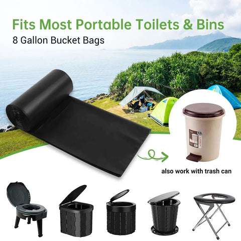 On The Go Eco Friendly Portable Toilet Replacement Bags 30 Liter 25 Count 1.5 Mil Thick Compostable Toilet Bags with camping scene