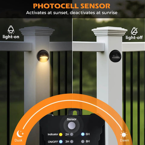 Low Voltage LED Deck Lights Kit With Transformer Timer And Photocell Sensor showing light on and off on fence post