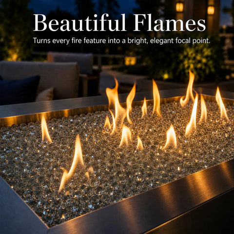 1/2 Inch Ultra Clear Fire Glass Beads For Fire Pit, 10 Lb White Reflective Drops with flames in outdoor fire table