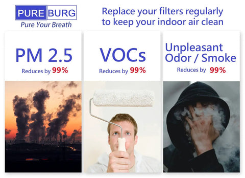 Image illustrating PM2.5, VOCs, and odor reduction by 99% with Replacement Filter Pack For Envion Therapure TPP Series Air Purifiers.