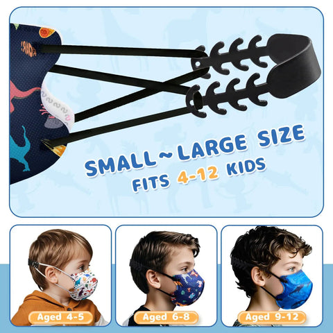 Kid Sized KN95 Face Masks Disposable 5 Layer Breathable Small Size Pack Of 50 For Children Comfort Fit Mask For Boys And Girls FSA HSA Eligible Great For School And Travel Protection During Daily Activities showing masks for ages 4-12.
