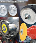 Precision Steel Bench Grinder Arbor Flange And Spacing Washer Set For Grinding Wheels Polishing Pads And Quick Workshop Upgrades Authentic American Hardware Value. Image shows steel washers and a bench grinder in action.