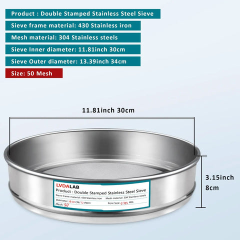 304 Stainless Lab Sieve Screen, 50 Mesh, 12 Inch Diameter, Top Notch Quality with measurement details