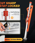 Front view of SakerPlus foldable drywall cutter with orange handle, steel rail, and 10 blades included