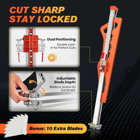 Front view of SakerPlus foldable drywall cutter with orange handle, steel rail, and 10 blades included