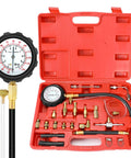BETOOLL 0-140 PSI fuel injector pressure tester gauge kit in red case, front view with brass fittings and hoses