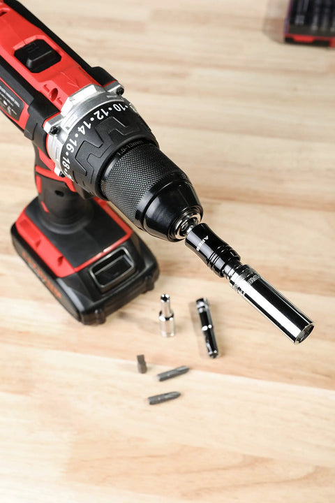 2 In 1 Socket Bit Holder For One Quarter Inch Drive Sockets And Bits With Quick Change Mechanism attached to a drill