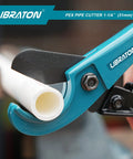 Pex Cutter 1-1/4 Inch Pipe Cutter for PEX Tubing, PVC Thin and PPR Plastic, shown cutting white tube, heavy duty tool