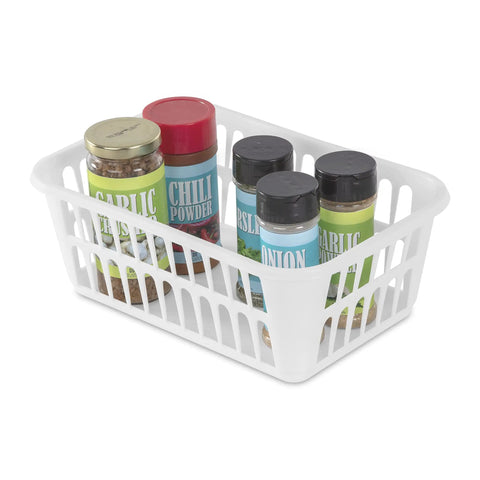 White Plastic Storage Baskets Set Of 48 For Grab And Go Organization filled with spice jars, on a kitchen countertop.