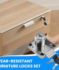 Heavy Duty Zinc Alloy Drawer Lock With Chrome Finish And Matching Screws on a wooden drawer with keys visible.