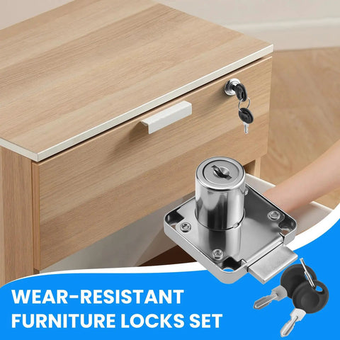 Heavy Duty Zinc Alloy Drawer Lock With Chrome Finish And Matching Screws on a wooden drawer with keys visible.