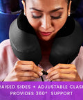Person using Long Haul Travel Pillow With Memory Foam For Neck And Head Support, Jet Black, 360 Degree Neck Support, Secure Seat Straps
