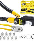Heavy Duty Hydraulic Crimping Tool And Cutter Set Including Nine Swappable Dies, Six Ton Cable Crimper with accessories and dies.