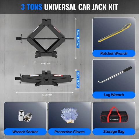 Heavy Duty Three Ton Scissor Car Jack 6614 Pound Capacity Rock Solid Alloy Steel Design, 3 tons jack kit with tools and gloves.