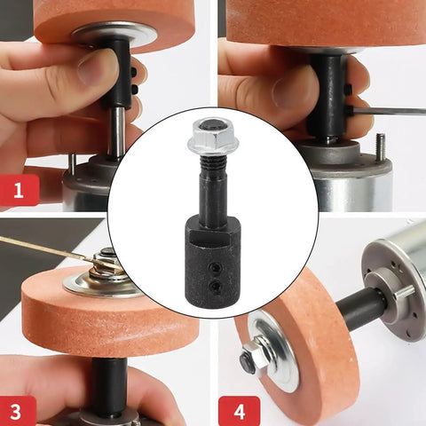 Spindle Adapter For Grinders And Drills Pro Grade Boss Level Polishing Accessory Kit showing adapter installation steps with a disc