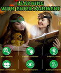 Two children wearing Dinosaur Headlamp For Kids With LED Flashlight Roar And Silent Modes, T Rex Dino Toy, reading a book in a tent.
