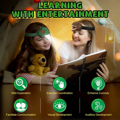Two children wearing Dinosaur Headlamp For Kids With LED Flashlight Roar And Silent Modes, T Rex Dino Toy, reading a book in a tent.