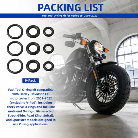 EFI Fuel Tool O-Ring Kit For EFI Motorcycles 2001 Onward shown with nine black O-rings and a Harley-Davidson motorcycle in background